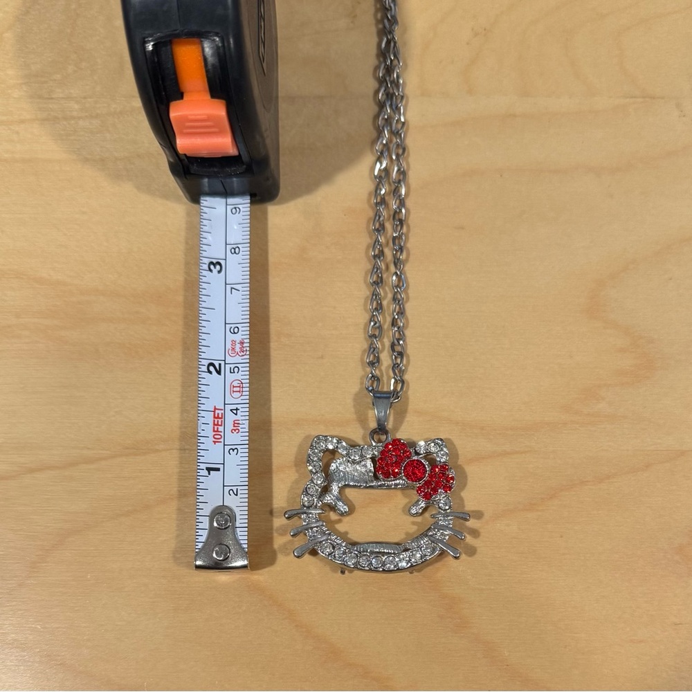 Large Rhinestone Hello Kitty Pendant Necklace with Red Rhinestone Bow - Picture 4 of 5